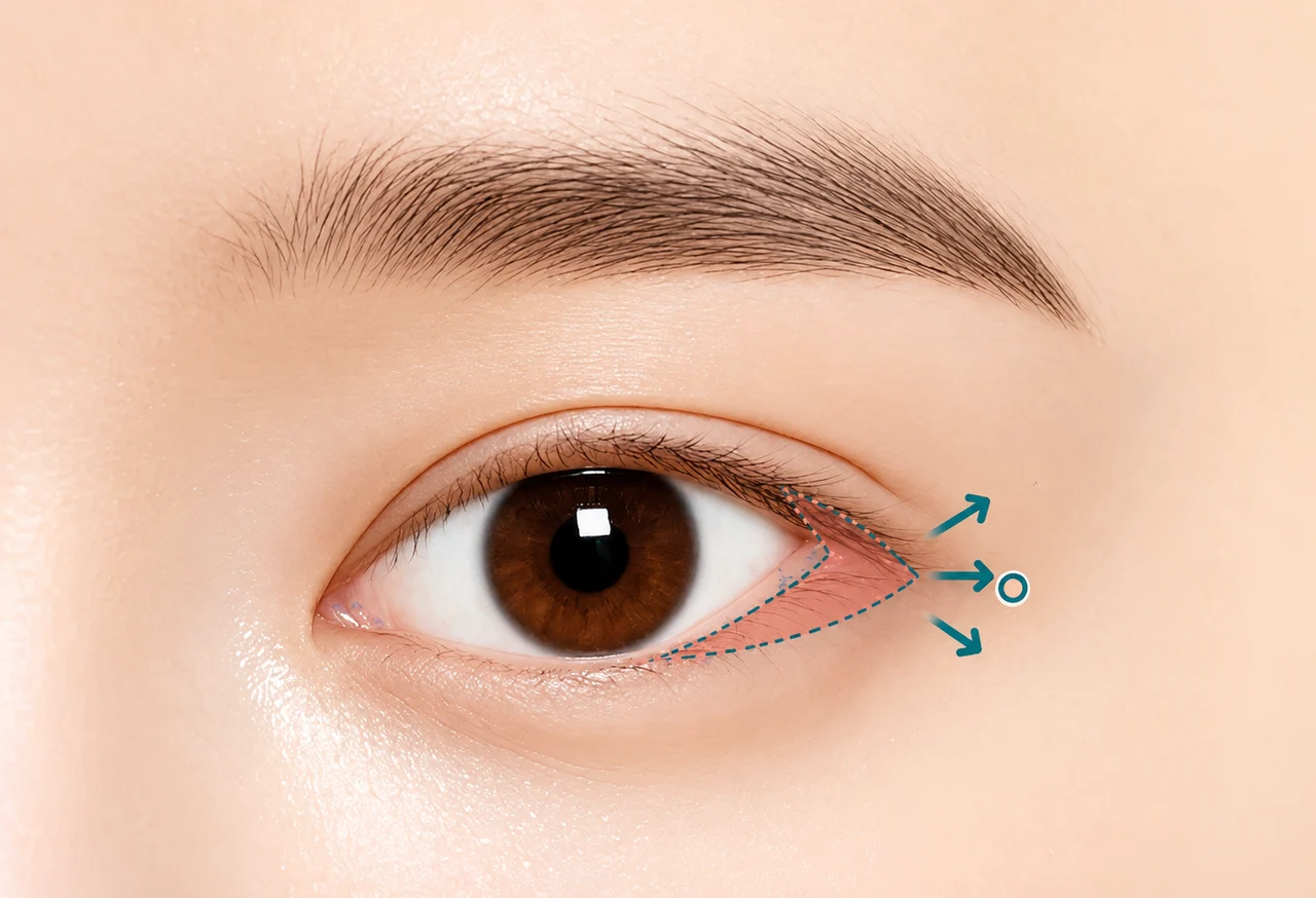 눈꼬리 수평 방향으로 절개 후, 피부를 붙게 만드는 조직을 제거하고 봉합합니다.