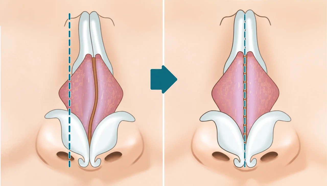 뼈가 휘어진 경우 — 휘어지고 튀어나온 부분을 절제한 후, 코뼈를 바른 위치로 잡아 교정합니다.