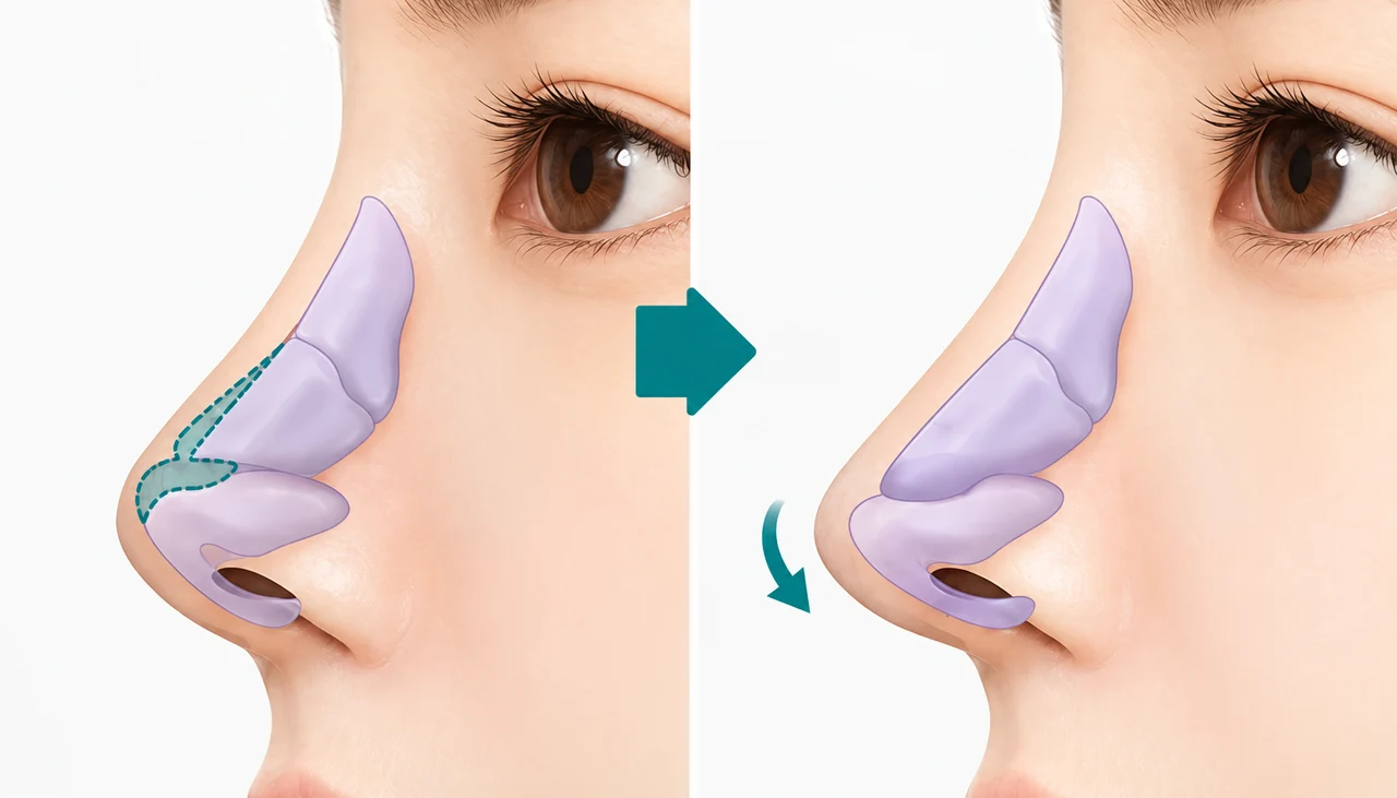 연골성형술 — 코끝 날개 연골이 위로 올라가 있으면 코끝이 들려 보이므로 날개 연골의 위쪽을 잘라주고 아래쪽으로 고정하여 연골이 길어 보이게 교정합니다.