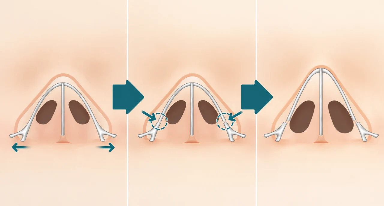 외측절골술 — 코뼈를 안쪽으로 모아주기 위해 코뼈의 바깥쪽을 따라 절골한 후, 안쪽으로 모아줍니다.