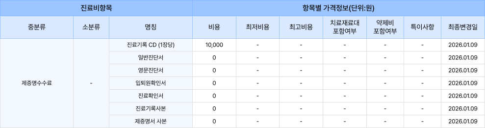 새김성형외과 비급여 항목 제증명수수료 수가표